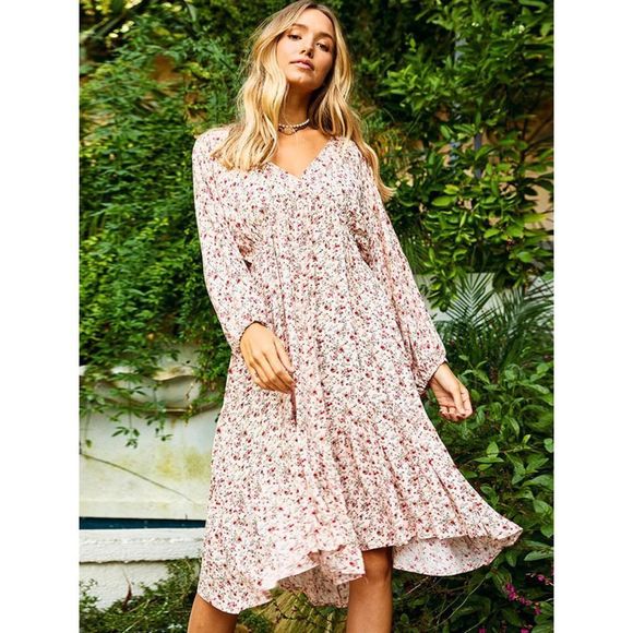 Blush Floral Long Sleeve V-Neck Midi Dress - Picture 1 of 4